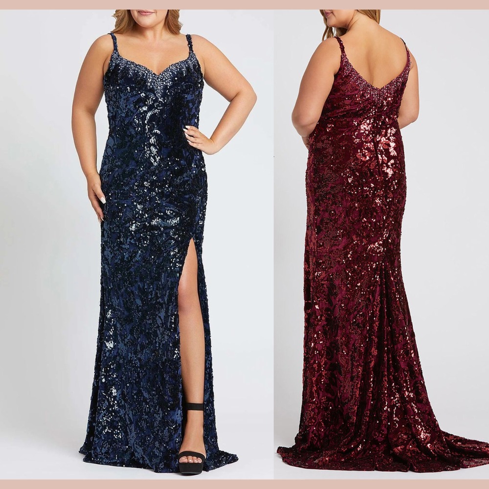 NWT MAC Duggal [ 16W ] 77562 Spaghetti Strap Sequin Gown In Midnight Blue #J1632